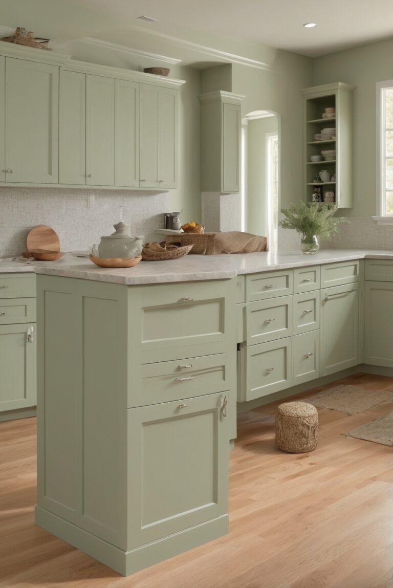 Sage Green kitchen cabinets, sage green paint color, matching cabinet colors, kitchen color schemes, wall paint for kitchen, interior decorating ideas, kitchen design trends