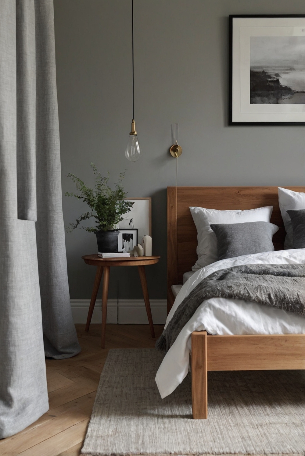 Scandinavian bedroom design,wood bed frame design,furniture placement ideas,bedroom decor ideas,modern bedroom design,interior designing tips,stylish home interiors