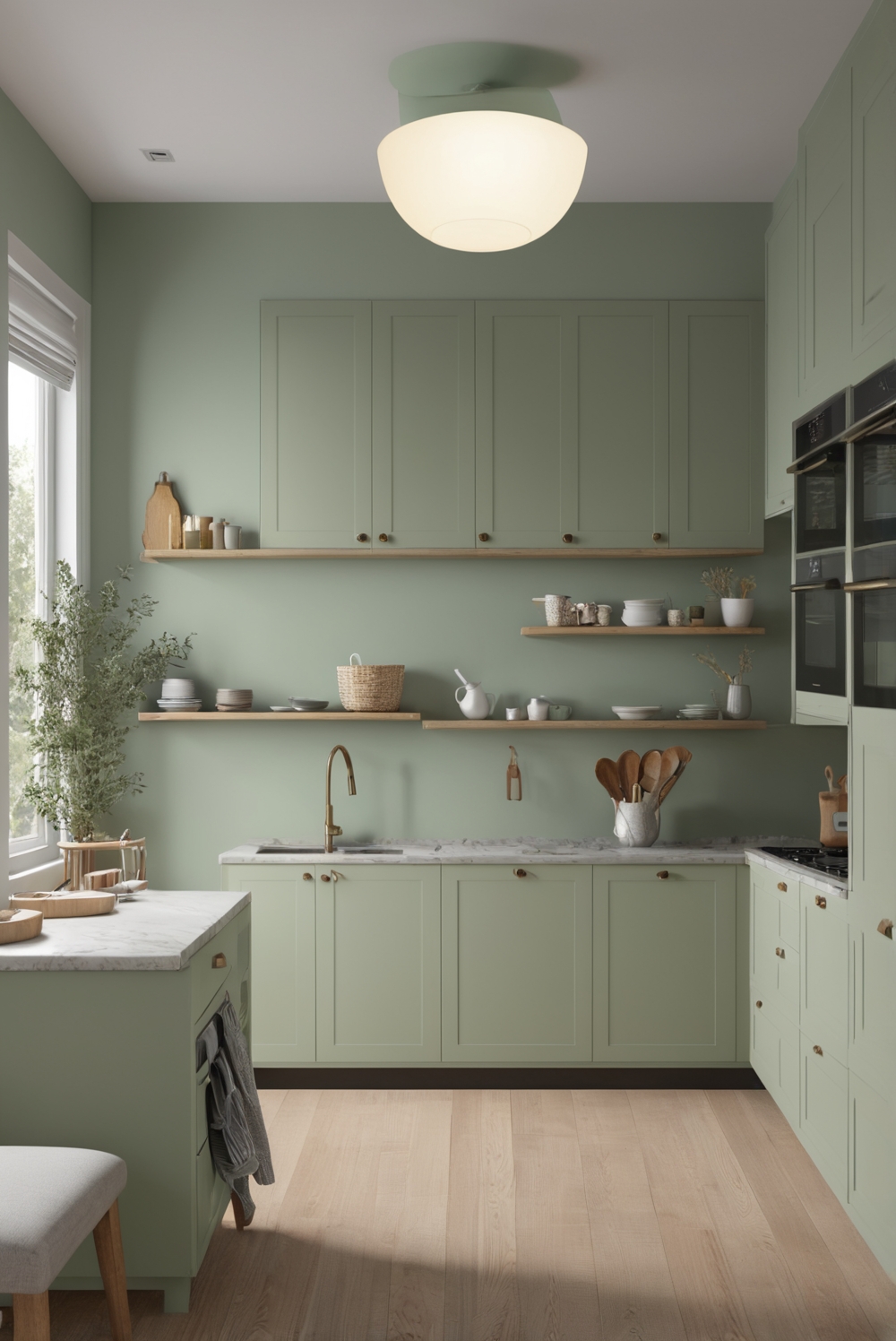 kitchen interior design,sage green kitchen decor,sage green kitchen cabinets,cohesive kitchen design,color schemes for kitchens,modern kitchen design,green kitchen accessories