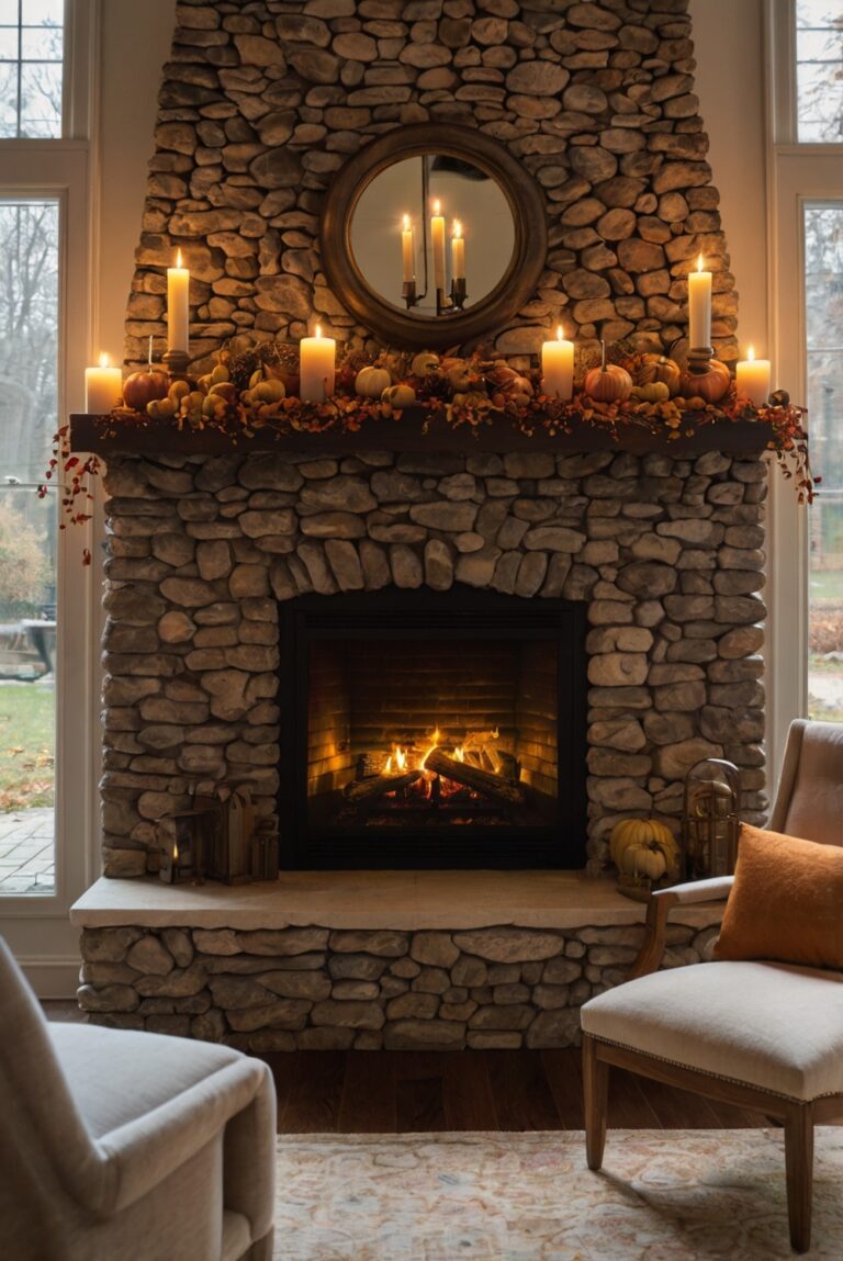 fireplace decor, fall home improvement, cozy home accessories, autumn interior design, warm living room design