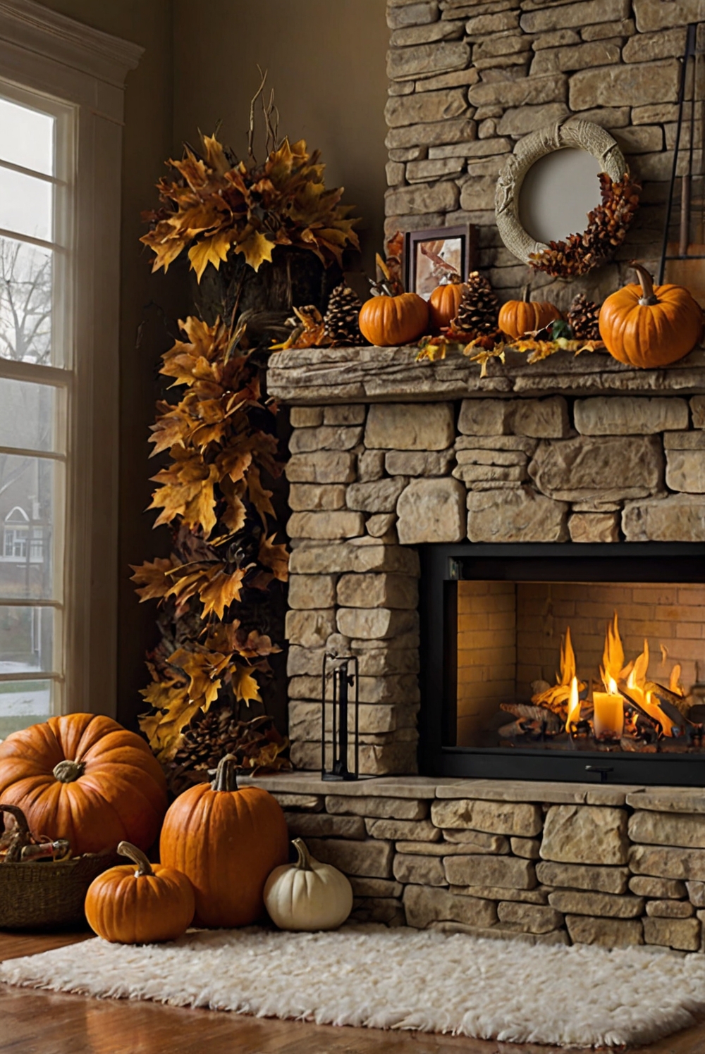 Fall fireplace decor, Mantle decorations, Cozy fireplace ideas, Autumn mantel designs, Fall home accents