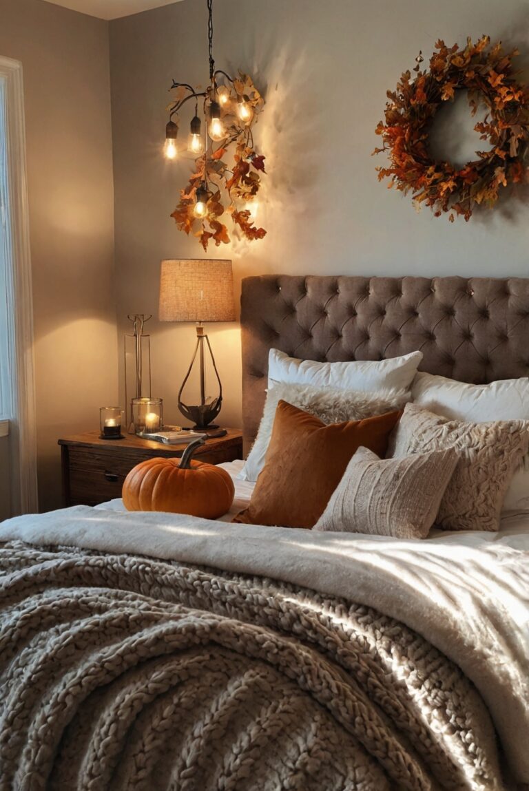 fall bedroom decor, cozy bedroom ideas, autumn bedroom design, warm bedroom colors, comfortable bedding