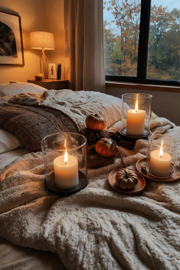 cozy bedroom decor, fall bedding, autumn themed room decor, warm blankets, rustic bedroom furniture