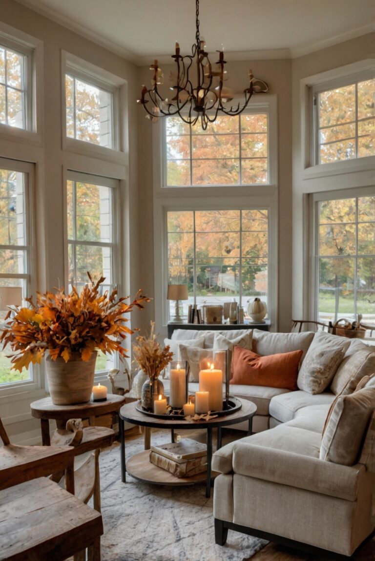 Fall home decor, autumn living room, cozy fall accents, seasonal interior design, elegant fall decorations