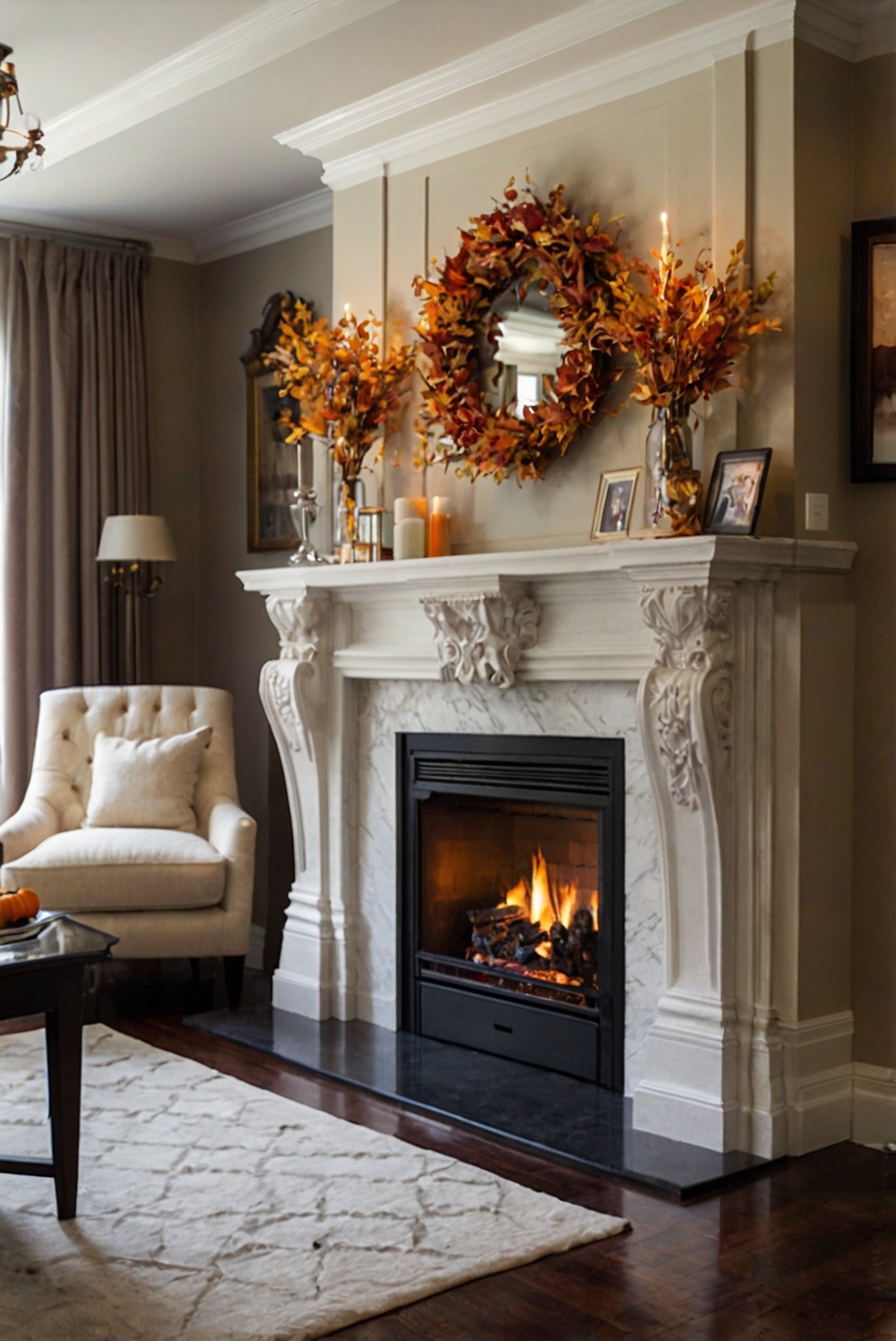 Fireplace mantel decor, Fall fireplace decorations, Fireplace mantel design, Fall mantle decor, Stylish fireplace mantel