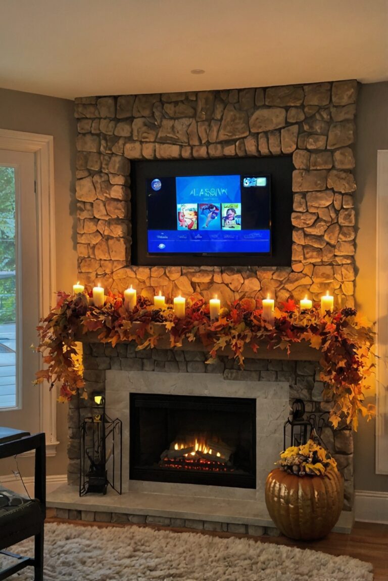 Fall mantle decor, Fireplace mantel ideas, Rustic home decor, Autumn mantel decorations, Modern fireplace design