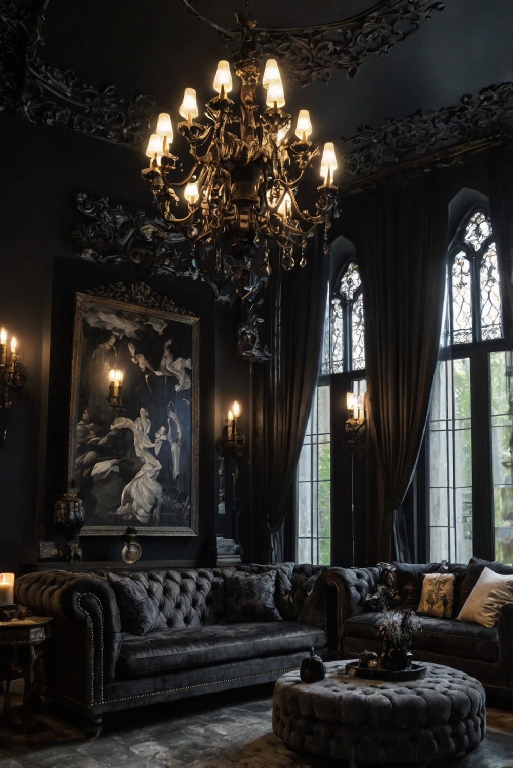 modern gothic decor, elegant gothic furniture, gothic home accessories, dark gothic interior design, luxurious gothic living room